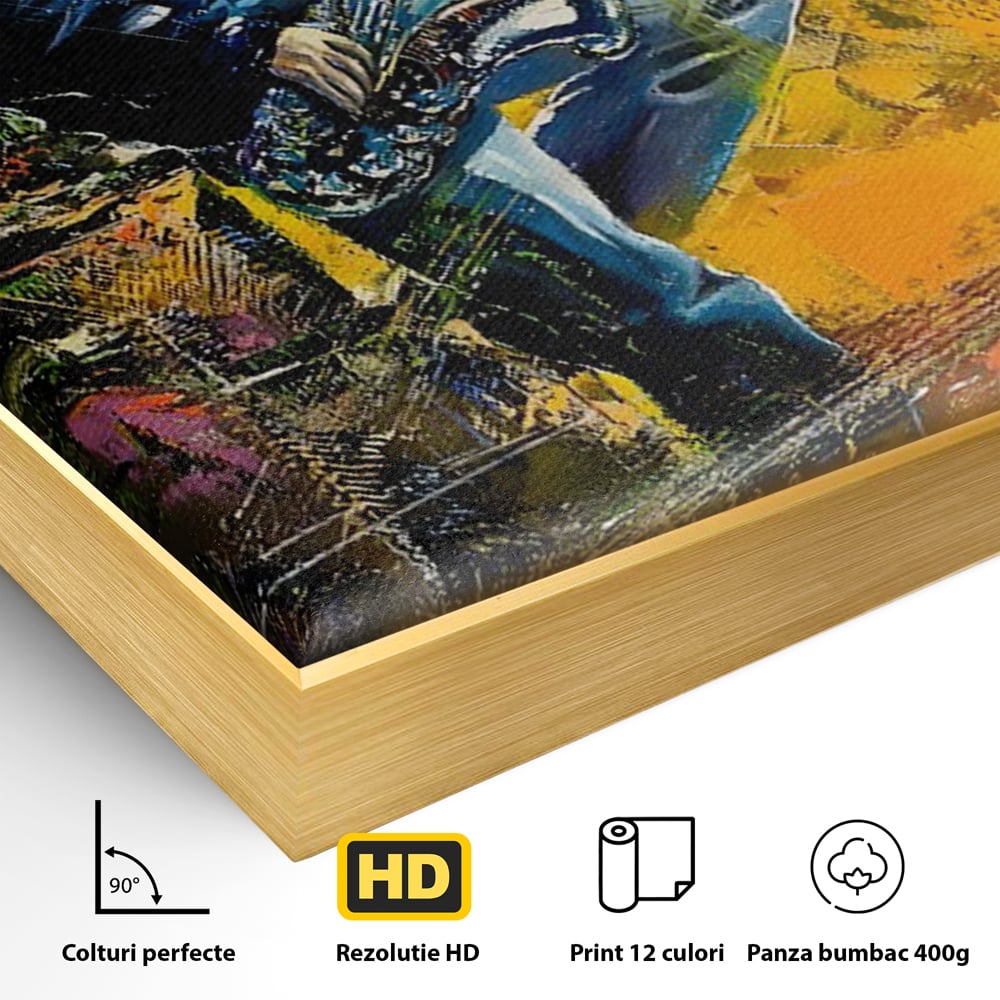 Detaliu al suprafetei: tablou canvas cu muzician cantand la saxofon, in rama de aluminiu auriu
